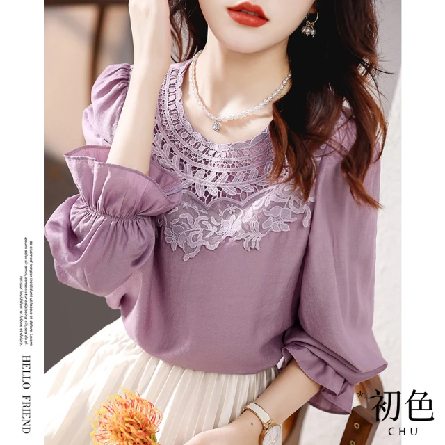 【初色】圓領蕾絲刺繡喇叭袖T恤上衣-紫色-63549(M-2XL可選)