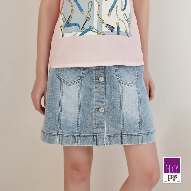 【ILEY 伊蕾】刷白多片剪裁排釦彈性棉質牛仔裙(淺藍色；M-XL；1222078276)