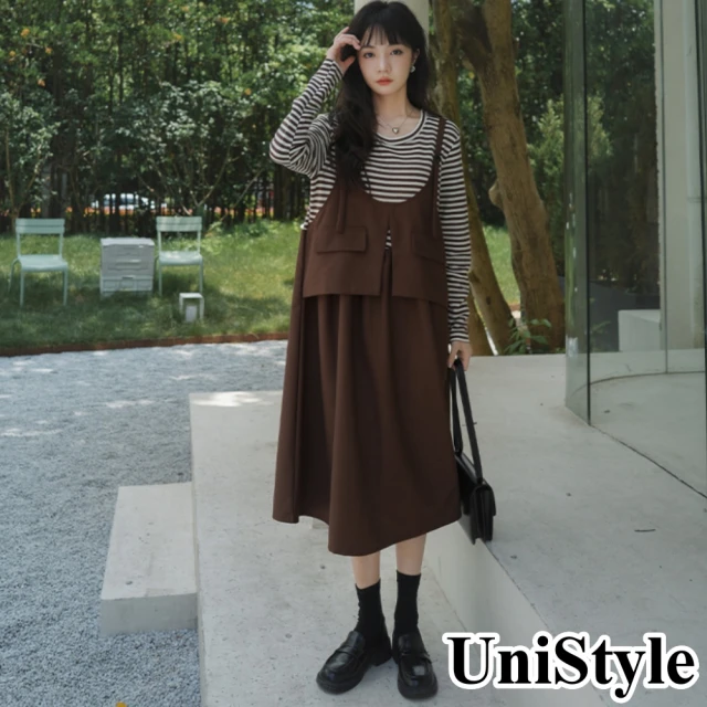 【UniStyle】韓系法式撞色假兩件條紋吊帶長袖連身洋裝 女 ZM302-Q9077(咖)