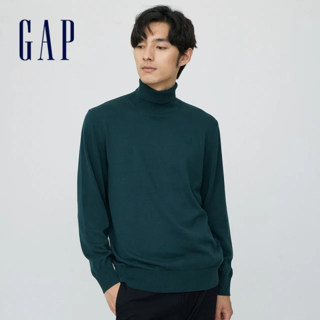 GAP【GAP】男裝 羊毛混紡高翻領針織衫(443390-深綠色)