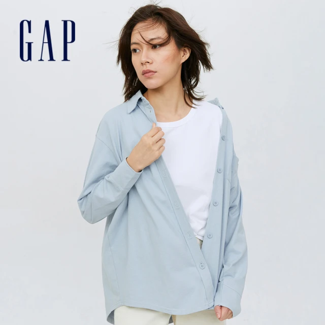 【GAP】女裝 厚磅密織 水洗棉系列 寬鬆落肩長袖襯衫(858018-冰藍)