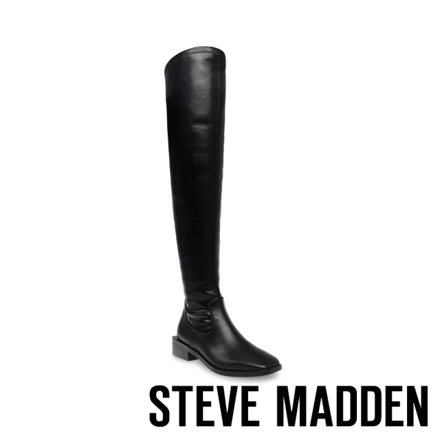 【STEVE MADDEN】EXPEDITE 小方頭粗跟長筒過膝靴(黑色)