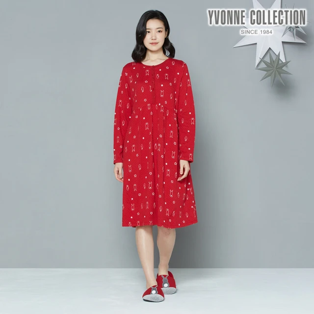 Yvonne Collection【Yvonne Collection】兔子緹花半開襟長袖洋裝(酒紅)