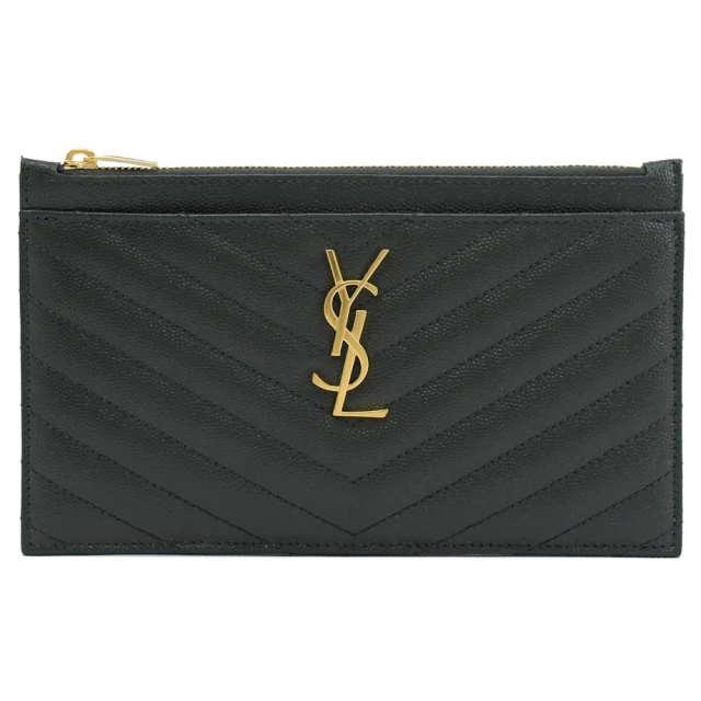 【YSL】金屬字母LOGO菱格V字紋大手拿包萬用包簡易長夾(深灰)