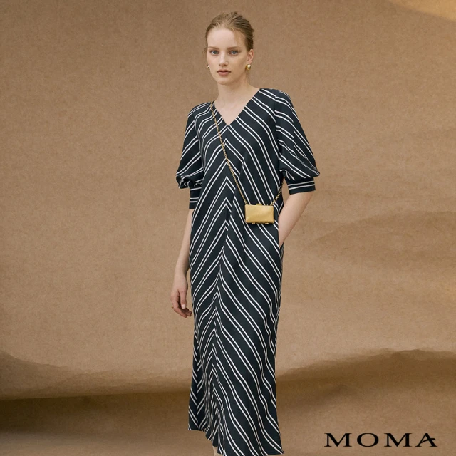 【MOMA】幾何條紋A-Line長洋裝(黑色)