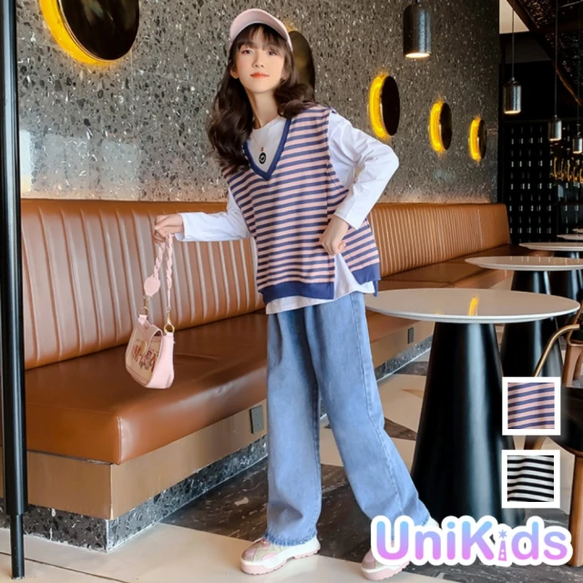 UniKids【UniKids】中大童3件式套裝笑臉長袖T恤條紋背心牛仔直筒長褲 女大童 JStnym(黑 粉紅)