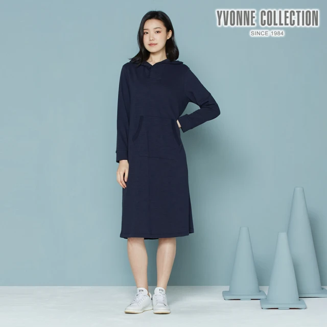 Yvonne Collection【Yvonne Collection】立體橫條紋連帽長袖洋裝(丈青)