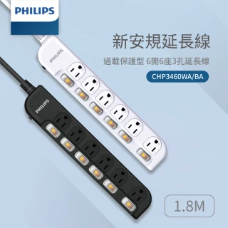 【Philips 飛利浦】台灣製 6切6座延長線 1.8M(CHP3460)