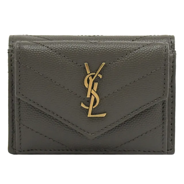 【YSL】金屬字母LOGO菱格V字三折扣式零錢短夾(深灰)