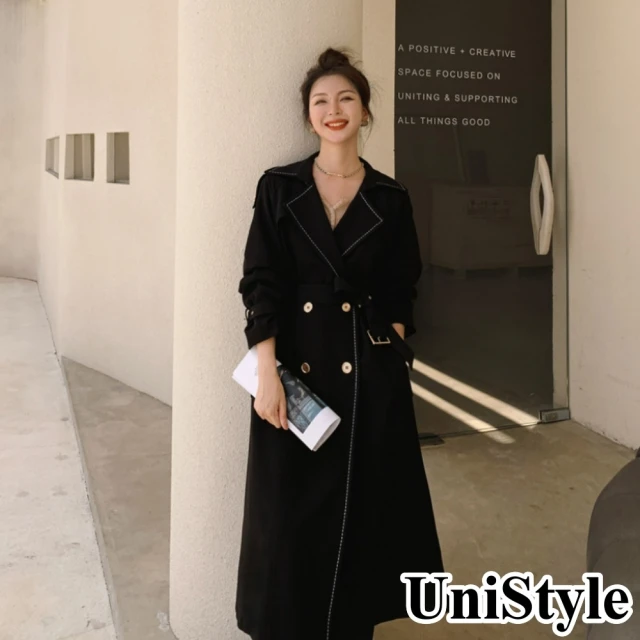 【UniStyle】韓系英倫風個性高端收腰長袖風衣外套大衣 女 ZM271-7209(黑)