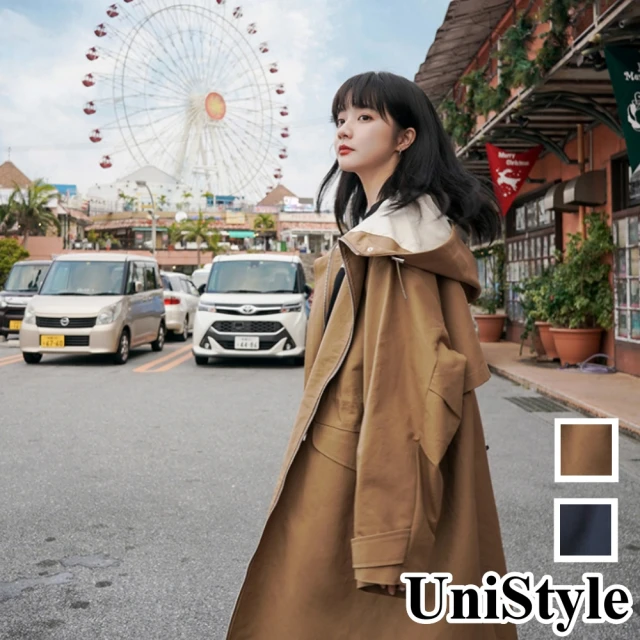 【UniStyle】韓系中長款收腰工裝長袖連帽風衣外套 女 ZM116-819(卡其 藏青)
