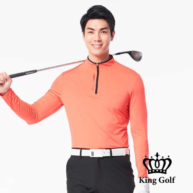 【KING GOLF】拉鍊撞色印圖素面小立領拉鍊長袖POLO衫(橘紅)