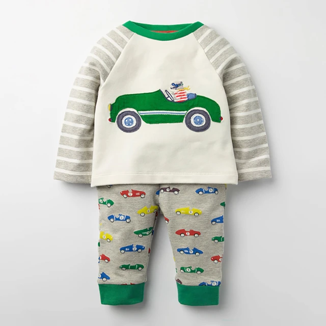 【時尚Baby】童裝男童套裝白綠色車車上衣和長褲春秋套裝(男小童純棉套裝長袖T恤和長褲休閒套裝)
