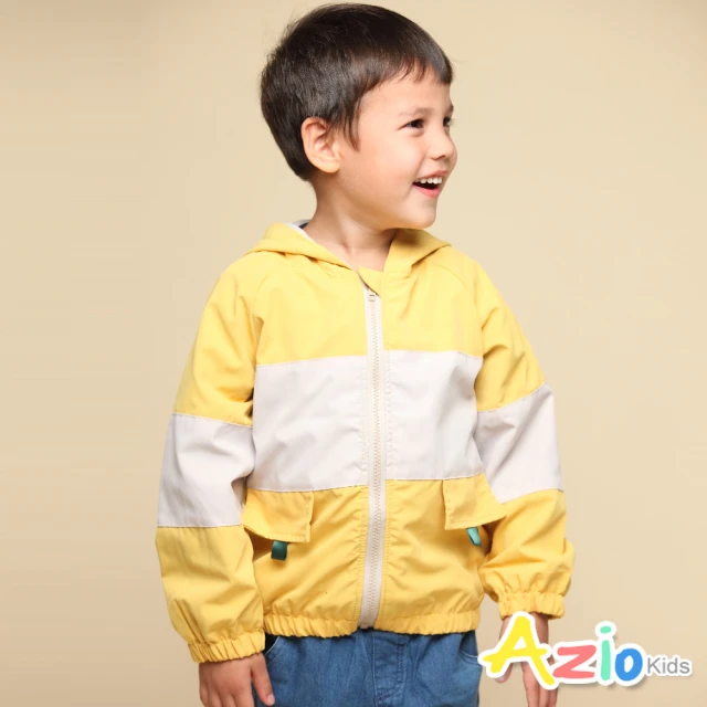 【Azio Kids 美國派】男童 外套 接片配色搖粒絨內裡連帽防風長袖外套(黃)