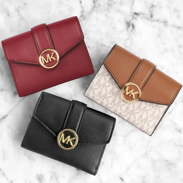 【Michael Kors】CARMEN質感皮革MK圓標LOGO壓釦三摺短夾(3色)