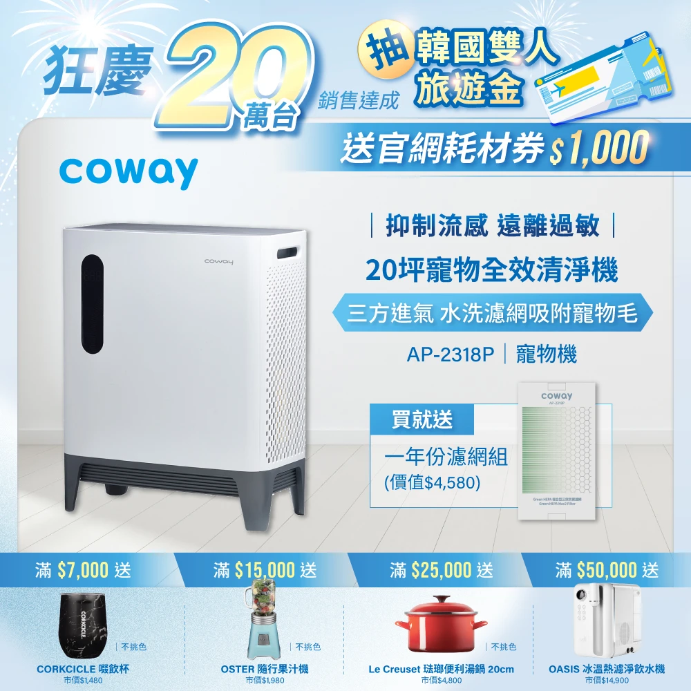 【Coway】綠淨力三重防禦空氣清淨機 AP-2318P三方急速淨毛髮(寵物嬰幼清淨機)