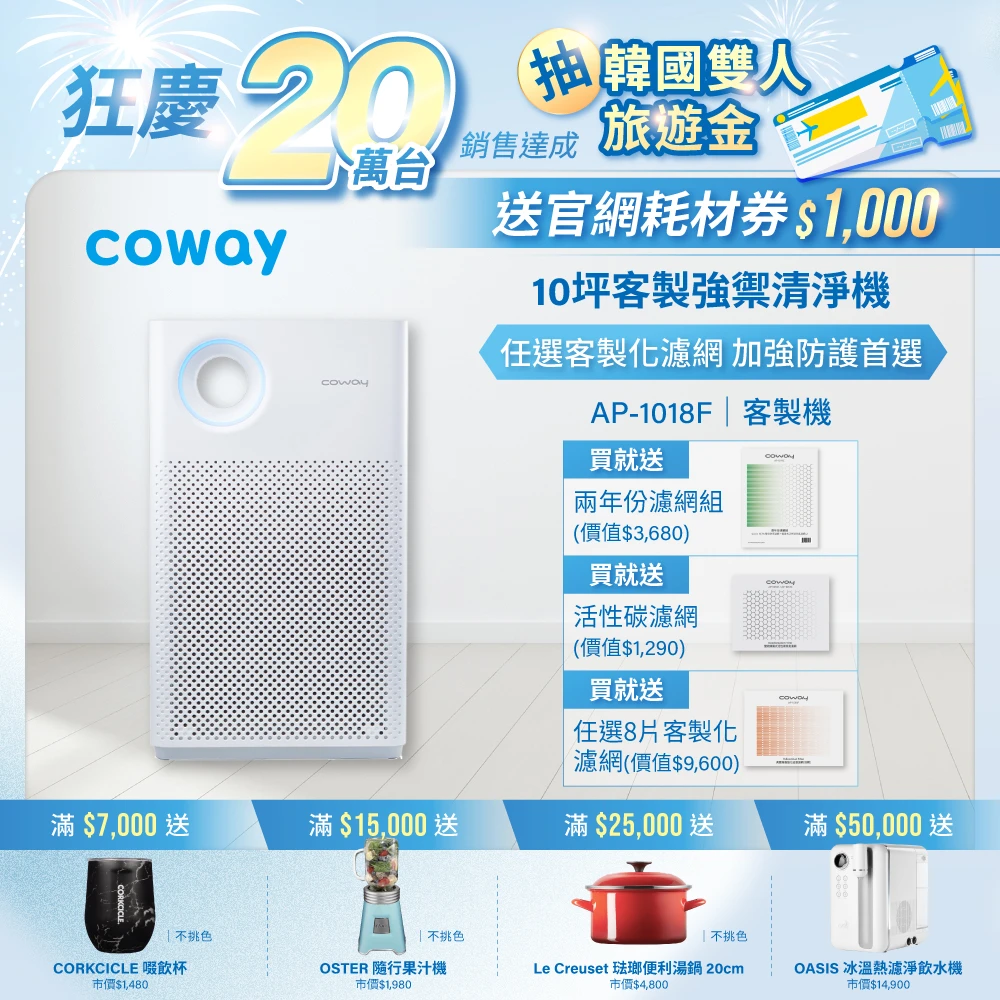 【Coway】15坪 綠淨力輕都會經典空氣清淨機 AP-1018F 內附甲醛濾網(實驗認證抑制冠狀病毒99.99%)