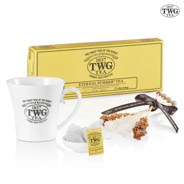 【TWG Tea】盛夏緋紅茶包禮物組(盛夏緋紅茶包 南非國寶茶 15包/盒+馬克杯+茶碟+茶棒糖)