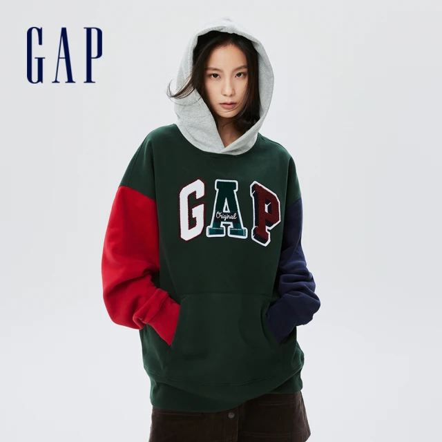 【GAP】男女同款 碳素軟磨系列 Logo寬鬆刷毛連帽休閒上衣(505392-墨綠色)