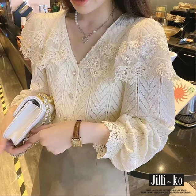 【JILLI-KO】法式氣質甜美復古設計感蕾絲襯衫-F(杏)