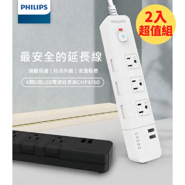【Philips 飛利浦】4切6座+雙USB延長線 隱藏式開關 1.8M CHP4760(★2入超值組)