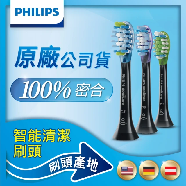 【Philips 飛利浦】Sonicare智能超效刷頭三入組-清潔/護銀/美白各1支-黑HX9073/96