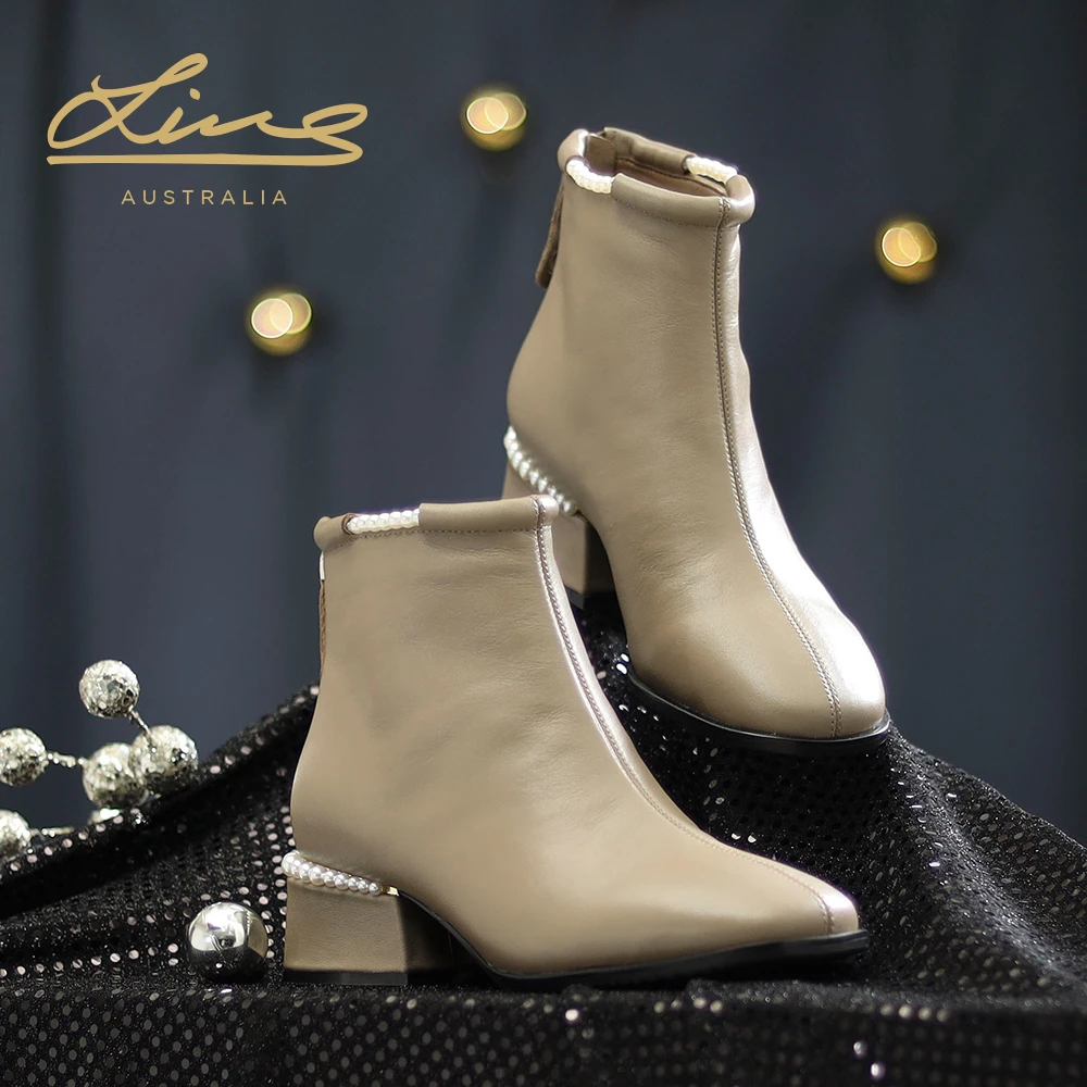 澳洲LINS名品珍珠寬楦真皮短靴