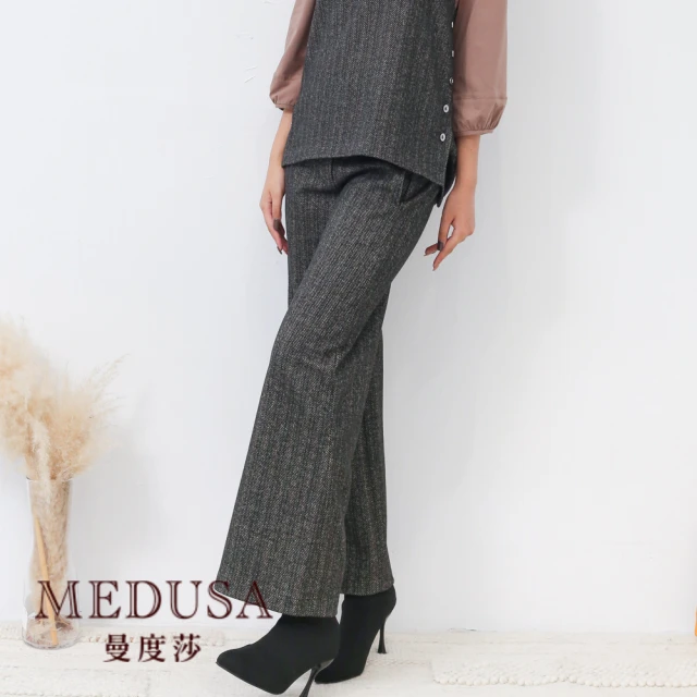 【MEDUSA 曼度莎】銀釦直紋毛料寬褲（M-XL）｜女長褲 長寬褲 毛料感(901-7080B)