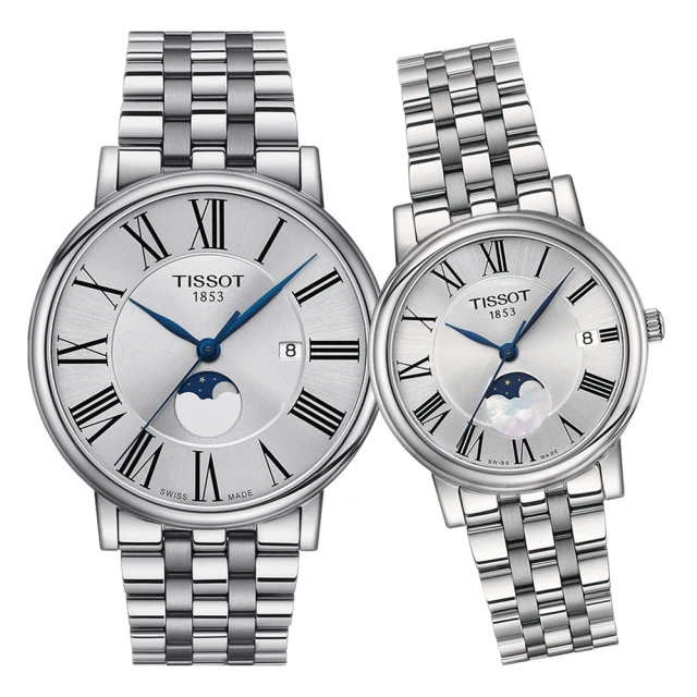 【TISSOT 天梭】CARSON 時尚羅馬數字月相錶 對錶-40+32mm(T1224231103300/T1222231103300)