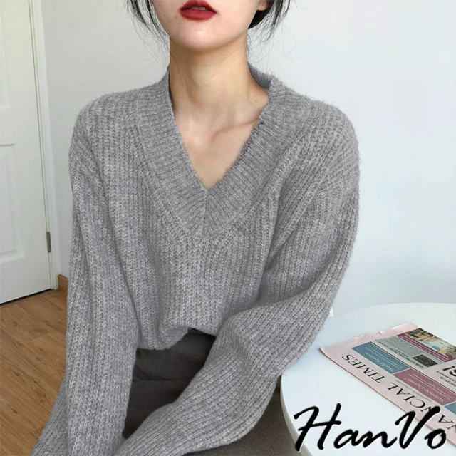 HanVo【HanVo】現貨 溫柔如你大V領針織上衣(韓系百搭日常合身長袖針織上衣內搭 韓國女裝 女生衣著 1840)