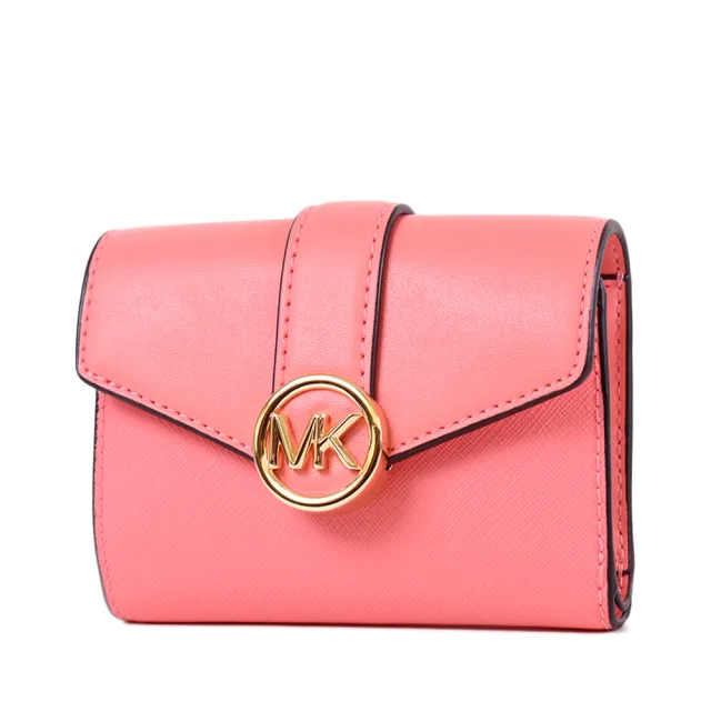 【Michael Kors】防刮十字紋三折釦式短夾-蜜桃橘