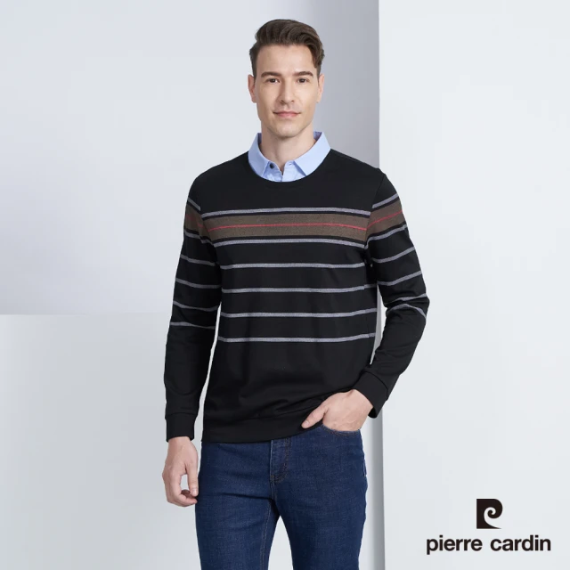 pierre cardin 皮爾卡登【pierre cardin 皮爾卡登】商務休閒 襯衫領假兩件條紋印花長袖POLO衫-黑色(5225295-99)