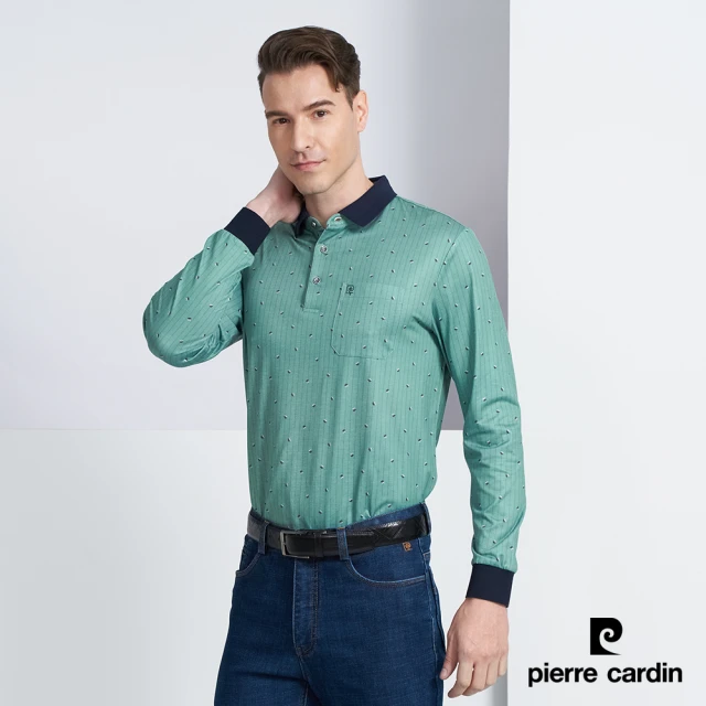 【pierre cardin 皮爾卡登】商務休閒 直條印花長袖POLO衫-綠色(5225262-47)