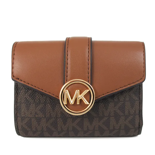 【Michael Kors】MK圓標壓釦滿版拼接皮革三折短夾(咖啡駝色)