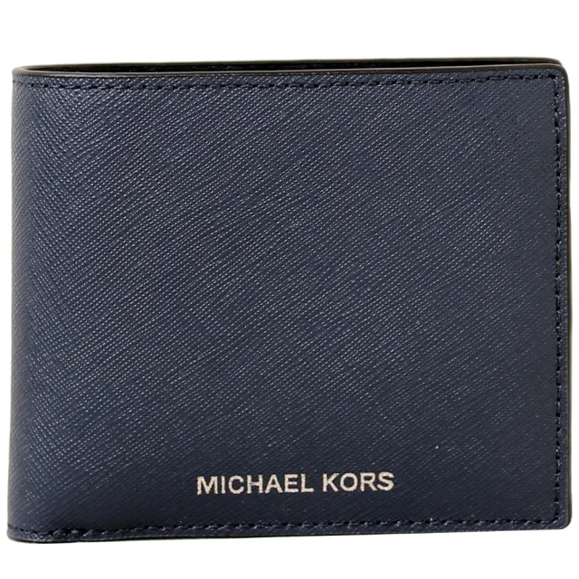 【Michael Kors】燙銀LOGO素色防刮皮革零錢袋短夾(海軍藍)
