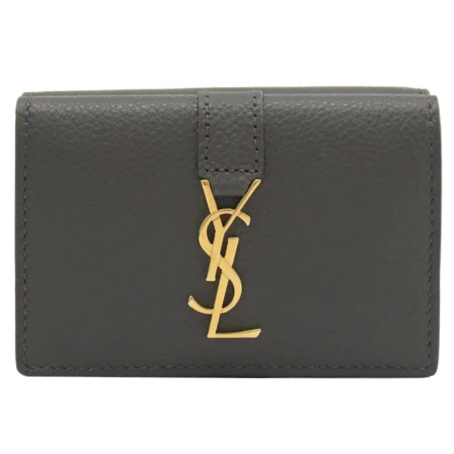 【YSL】品牌金屬YSL字母LOGO小牛皮雙面三折零錢短夾(深灰)