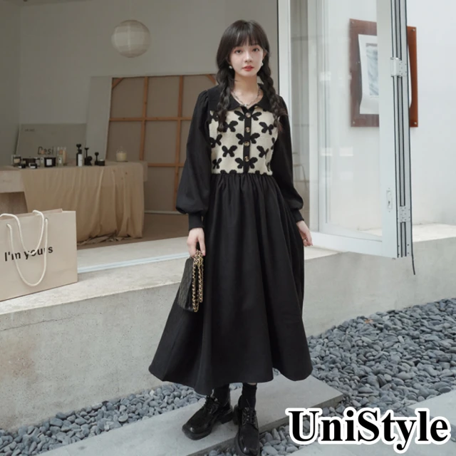 【UniStyle】雙12韓系法式復古優雅針織假兩件顯瘦長袖連身洋裝 女 ZM036A-8809(黑)
