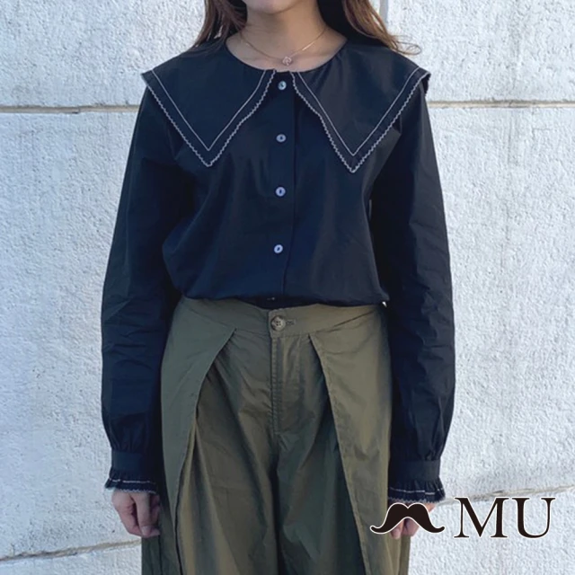 maru.a【maru.a】MU 氣質女孩宮廷感花邊水手領造型襯衫(黑色)