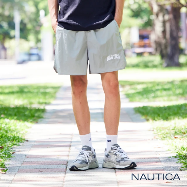 NAUTICA【NAUTICA】韓國限定款-LOGO刺繡鬆緊綁帶運動短褲(灰)