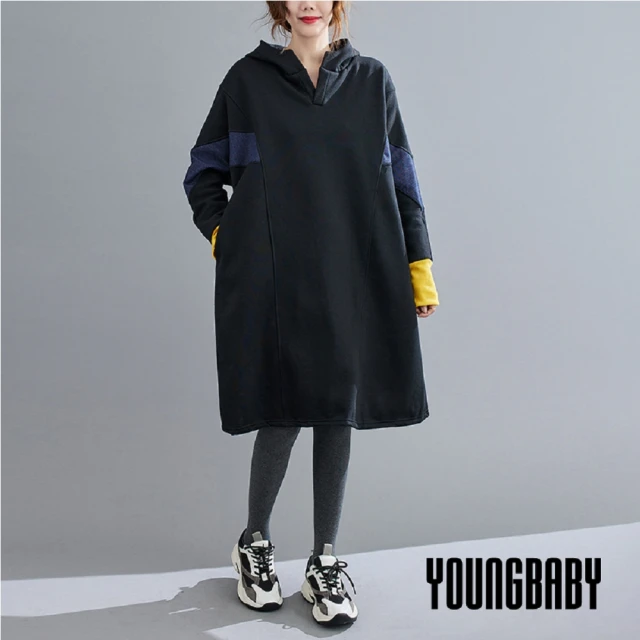 YOUNGBABY【YOUNGBABY】造型袖撞色連帽加絨長上衣洋裝(F加大)