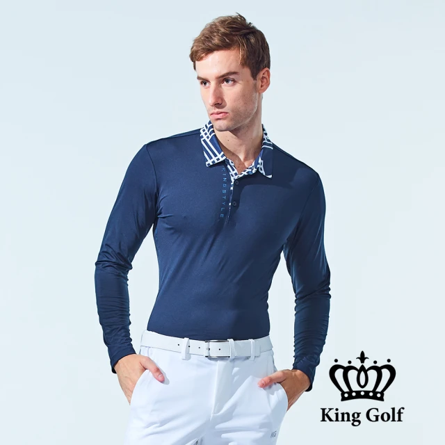 【KING GOLF】門市新品-男款線條拼接刷毛長袖POLO衫/高爾夫球衫(深藍)
