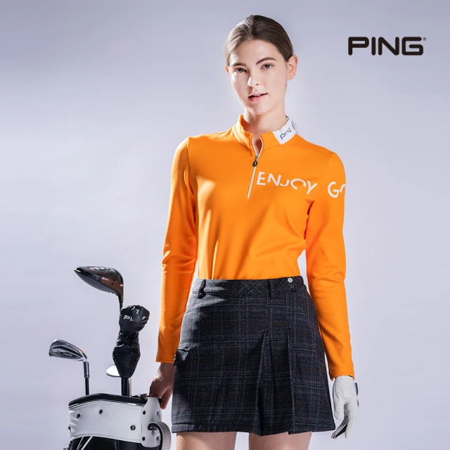 【PING】女款素色立領長袖POLO衫-橘(日本素材/吸濕排汗/抗皺/GOLF/高爾夫球衫/RA22215-25)