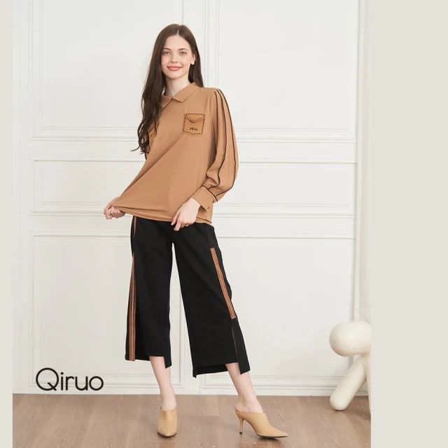 Qiruo 奇若名品【Qiruo 奇若名品】黑色專櫃精品九分寬口褲 側邊直線(修飾身形 褲子側線條滾邊 2011C)