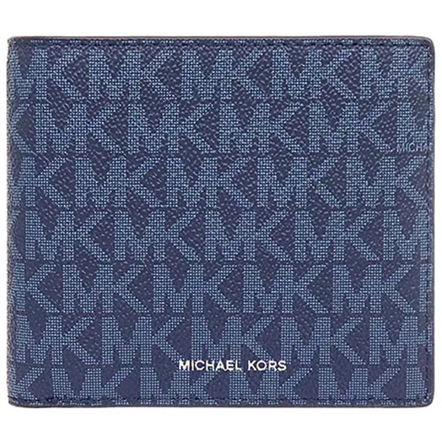 【Michael Kors】藍色PVC滿版LOGO防刮皮革零錢袋短夾