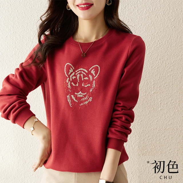 【初色】老虎刺繡圓領加絨加厚大學T恤上衣-紅色-64566(M-2XL可選)