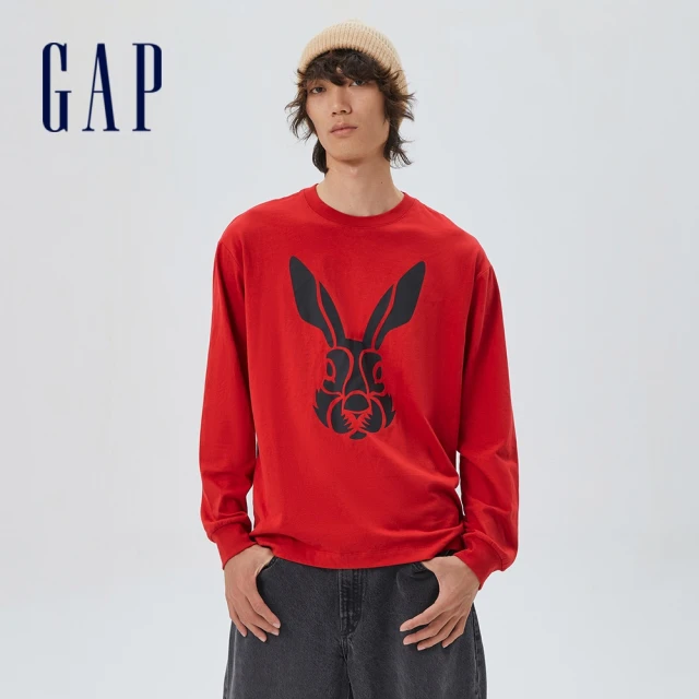 【GAP】男女同款 兔年限定 新年印花純棉長袖T恤(506331-紅色)