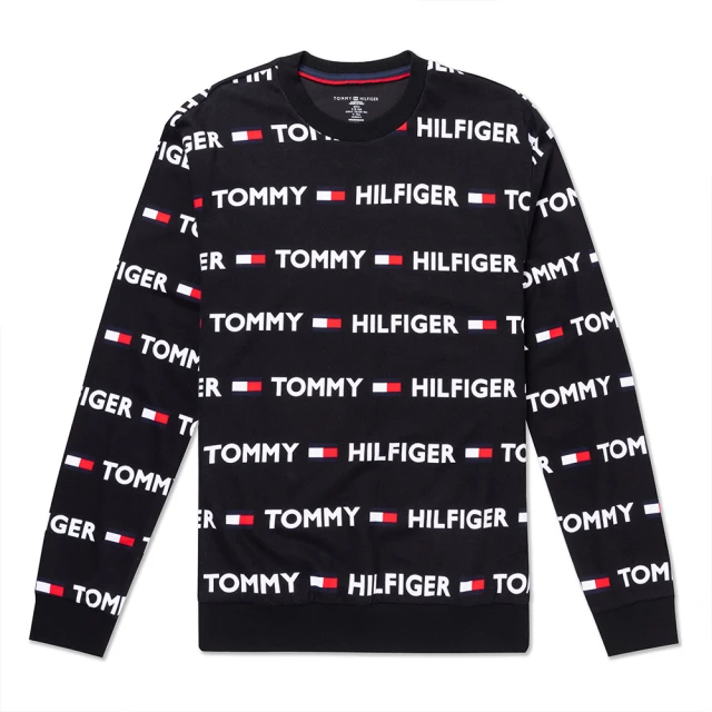 【Tommy Hilfiger】TOMMY 經典印刷滿版Logo大學T恤-黑色(百搭爆款/可男女搭配/平輸品)