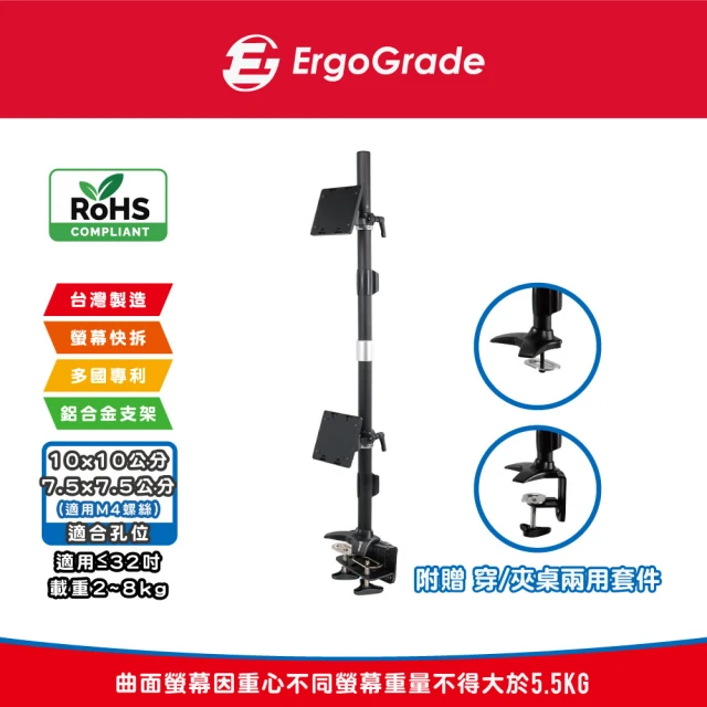 【ErgoGrade】快拆式穿夾兩用上下多動向雙螢幕支架EGTC012Q(壁掛架/電腦螢幕架/長臂/旋臂架/桌上型支架)