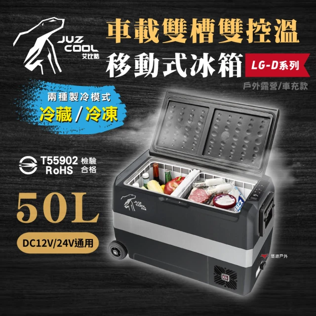 【Juz cool 艾比酷】雙槽雙溫控車用冰箱LG-D50+冰箱架+冰箱套(悠遊戶外)