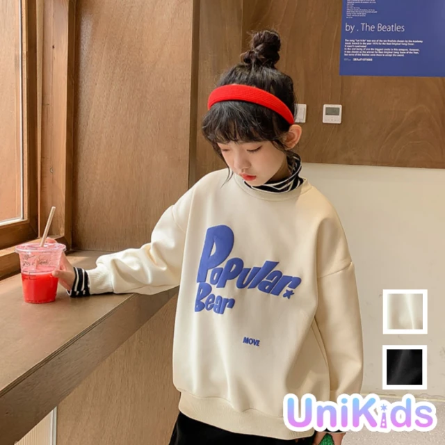 【UniKids】聖誕中大童假兩件潮流字母印花高領加絨長袖T恤上衣女大童 CV22MD26(米白 黑)